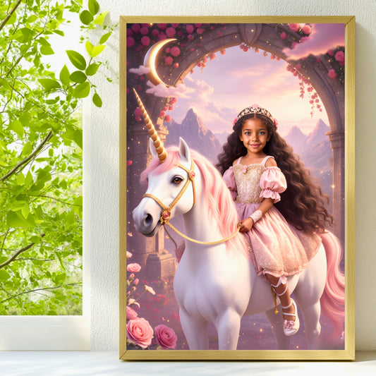Elegant Unicorn Princess Portrait – Personalized Children's Art in Gold & Pink