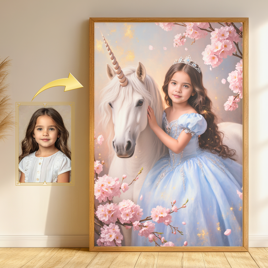 Personalisierte Einhorn Prinzessin – Magisches Kinderportrait in Blau | Poster, Leinwand oder Digital