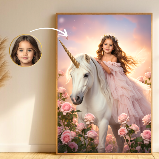 Personalisierte Einhorn-Porträts für Kinder – Magisches Prinzessinnenbild mit eigenem Foto