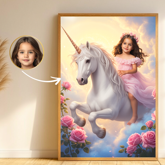 Personalisiertes Einhorn-Porträt – Magisches Kinderbild als Leinwand oder Poster