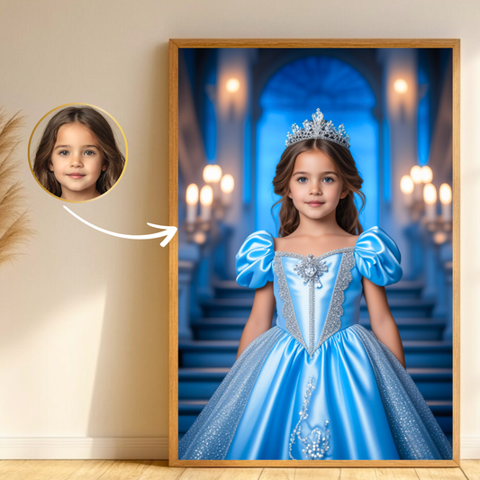 Personalisiertes Cinderella Kinderportrait – Magisches Prinzessinnenbild in Blau