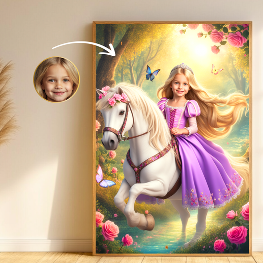 Personalisierte Rapunzel-Porträts – Magisches Kinderbild mit Pferd