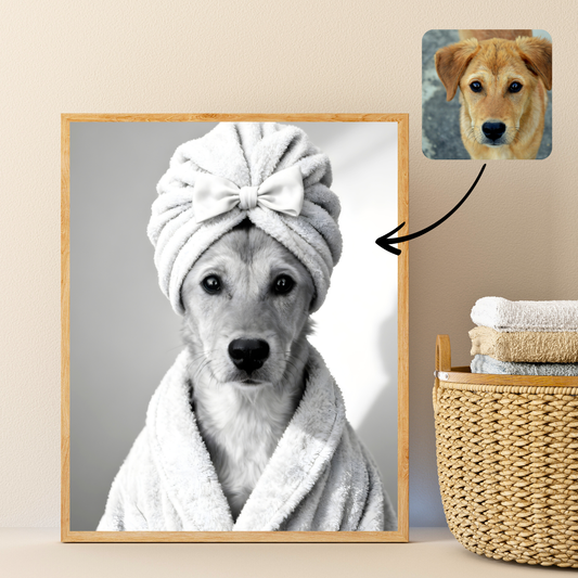 Personalized dog portrait in a bathrobe – spa look