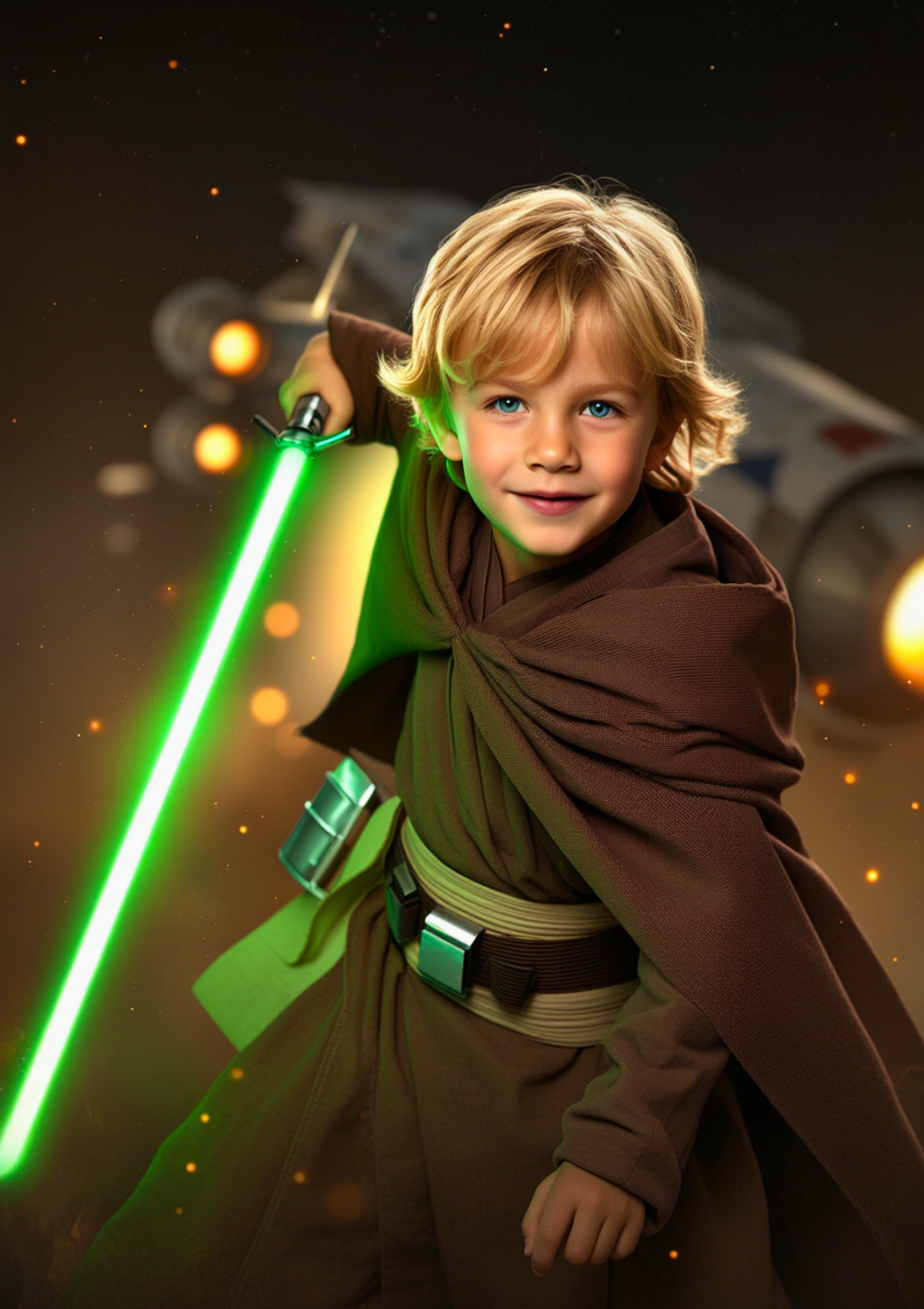 Galaktischer Lichtkrieger – Personalisiertes Sci-Fi Kinderportrait mit Lichtschwert