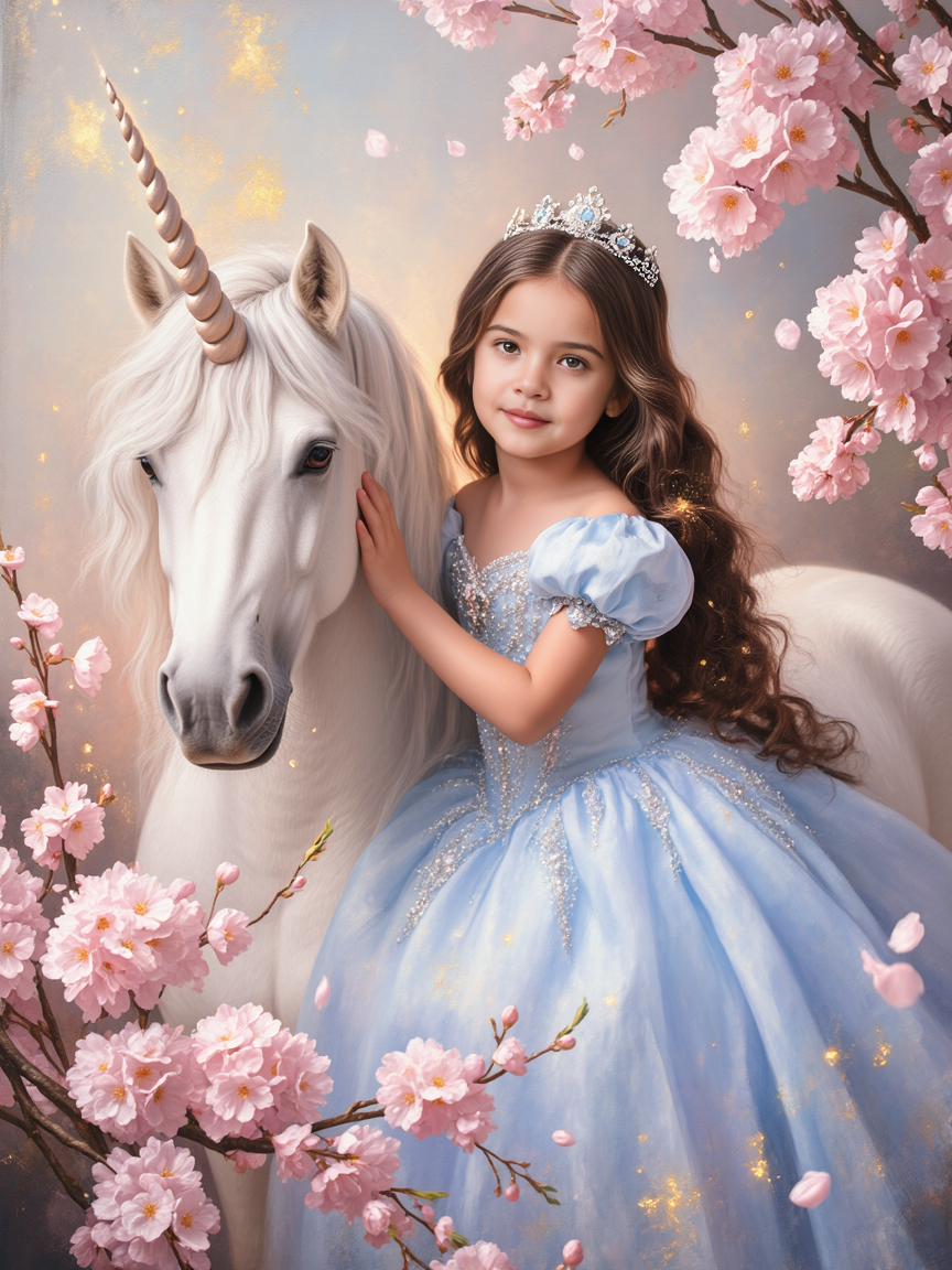 Personalisierte Einhorn Prinzessin – Magisches Kinderportrait in Blau | Poster, Leinwand oder Digital