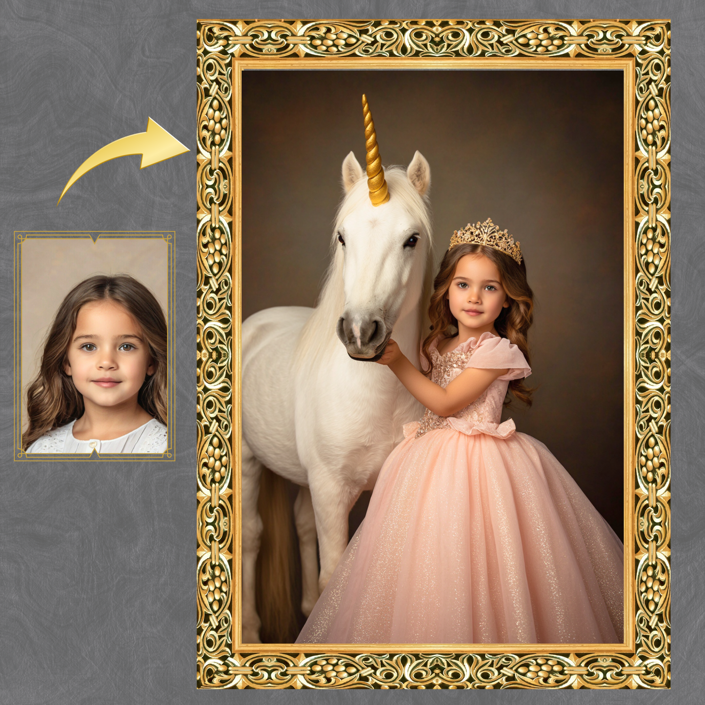 Edles Einhorn Prinzessin Portrait – Personalisierte Kinderkunst in Gold & Rosa