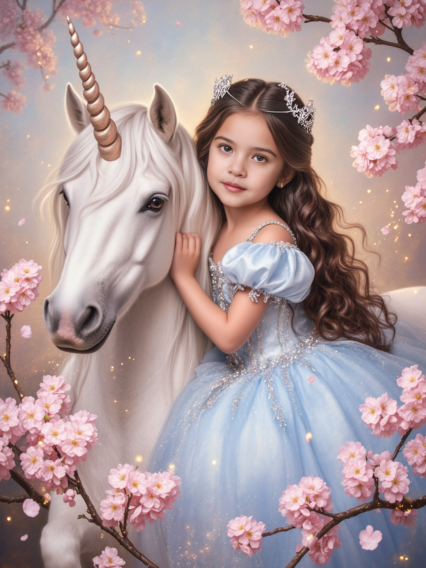 Personalisierte Einhorn Prinzessin – Magisches Kinderportrait in Blau | Poster, Leinwand oder Digital