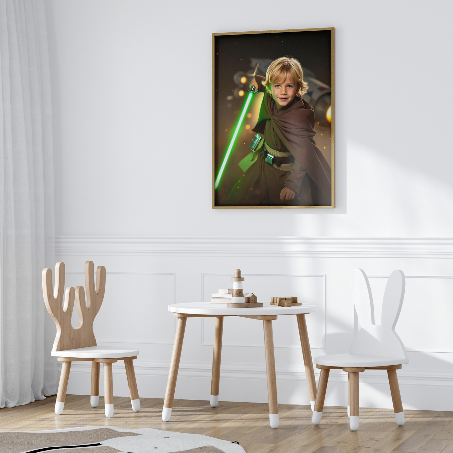 Galaktischer Lichtkrieger – Personalisiertes Sci-Fi Kinderportrait mit Lichtschwert