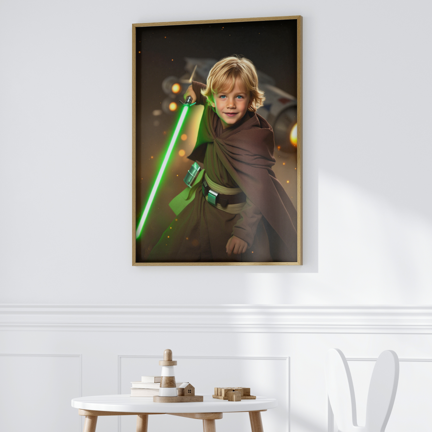 Galaktischer Lichtkrieger – Personalisiertes Sci-Fi Kinderportrait mit Lichtschwert