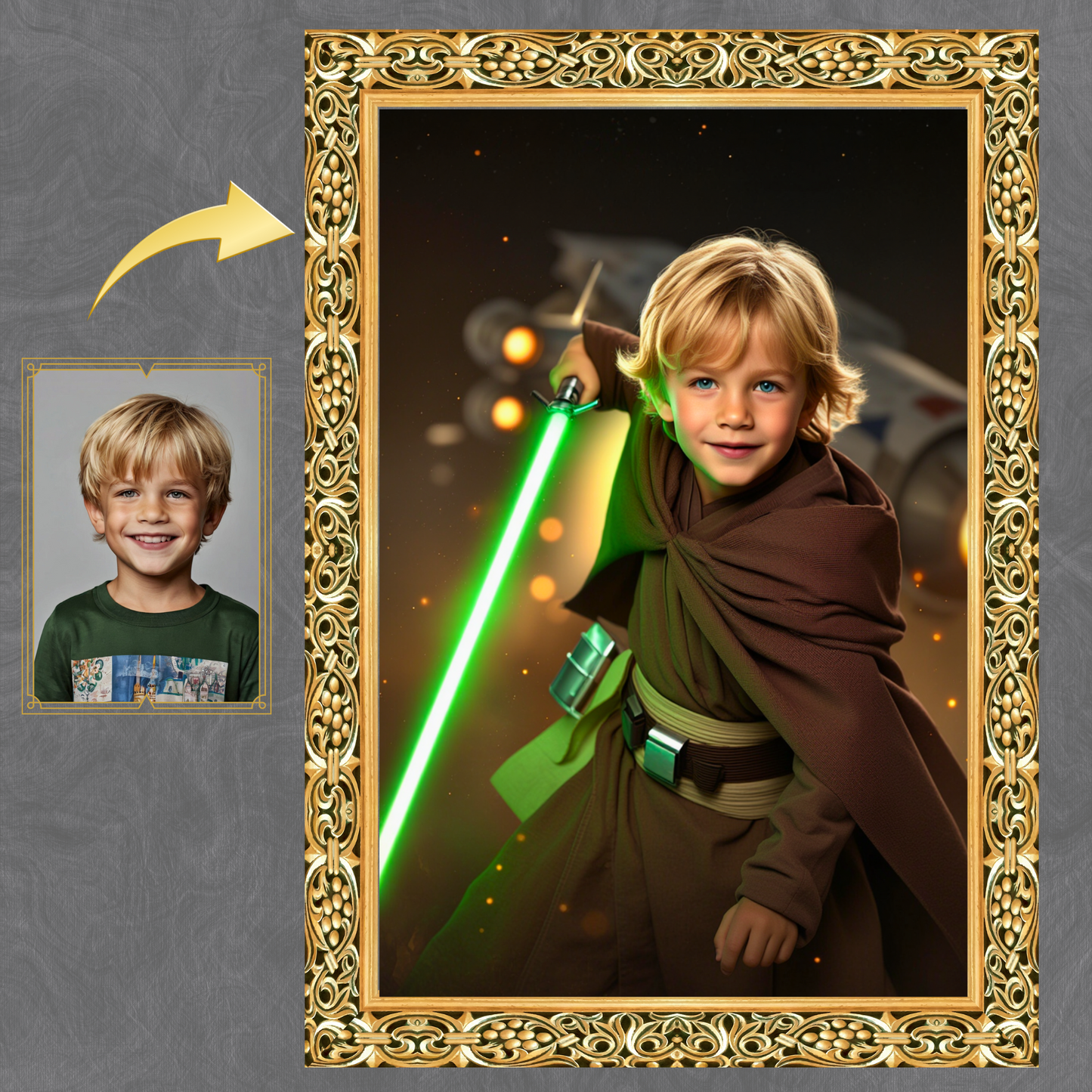 Galaktischer Lichtkrieger – Personalisiertes Sci-Fi Kinderportrait mit Lichtschwert
