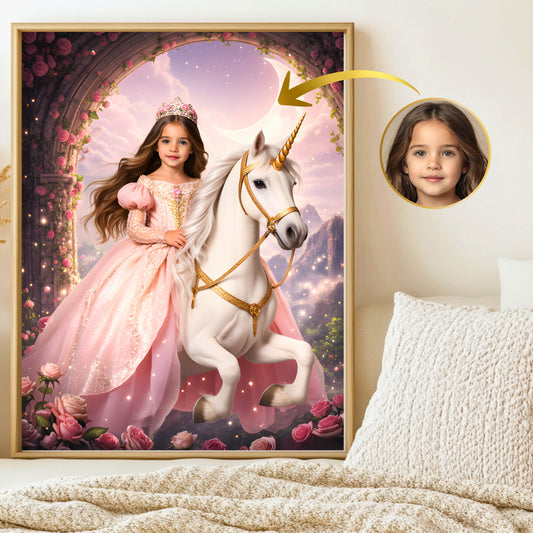 Elegant Unicorn Princess Portrait – Personalized Children's Art in Gold &amp; Pink