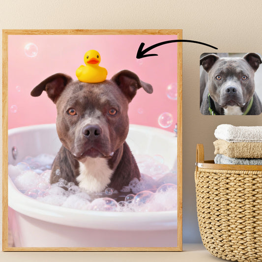 Personalized dog portrait in a bubble bath – dog with a rubber duck