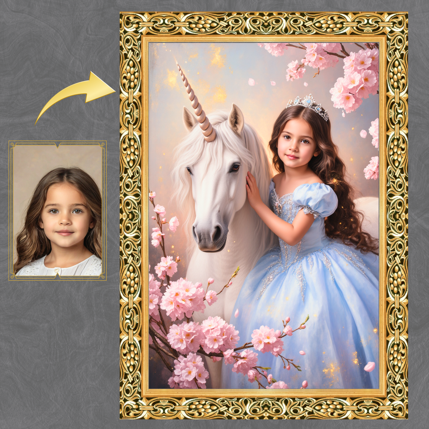 Personalisierte Einhorn Prinzessin – Magisches Kinderportrait in Blau | Poster, Leinwand oder Digital