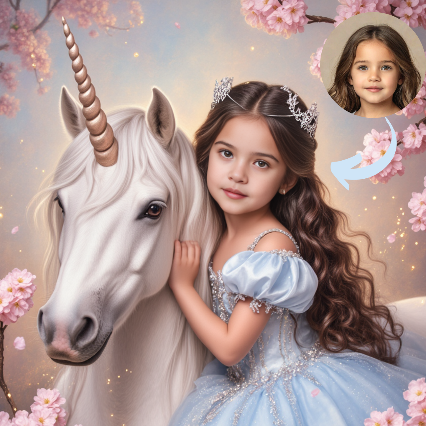 Personalisierte Einhorn Prinzessin – Magisches Kinderportrait in Blau | Poster, Leinwand oder Digital