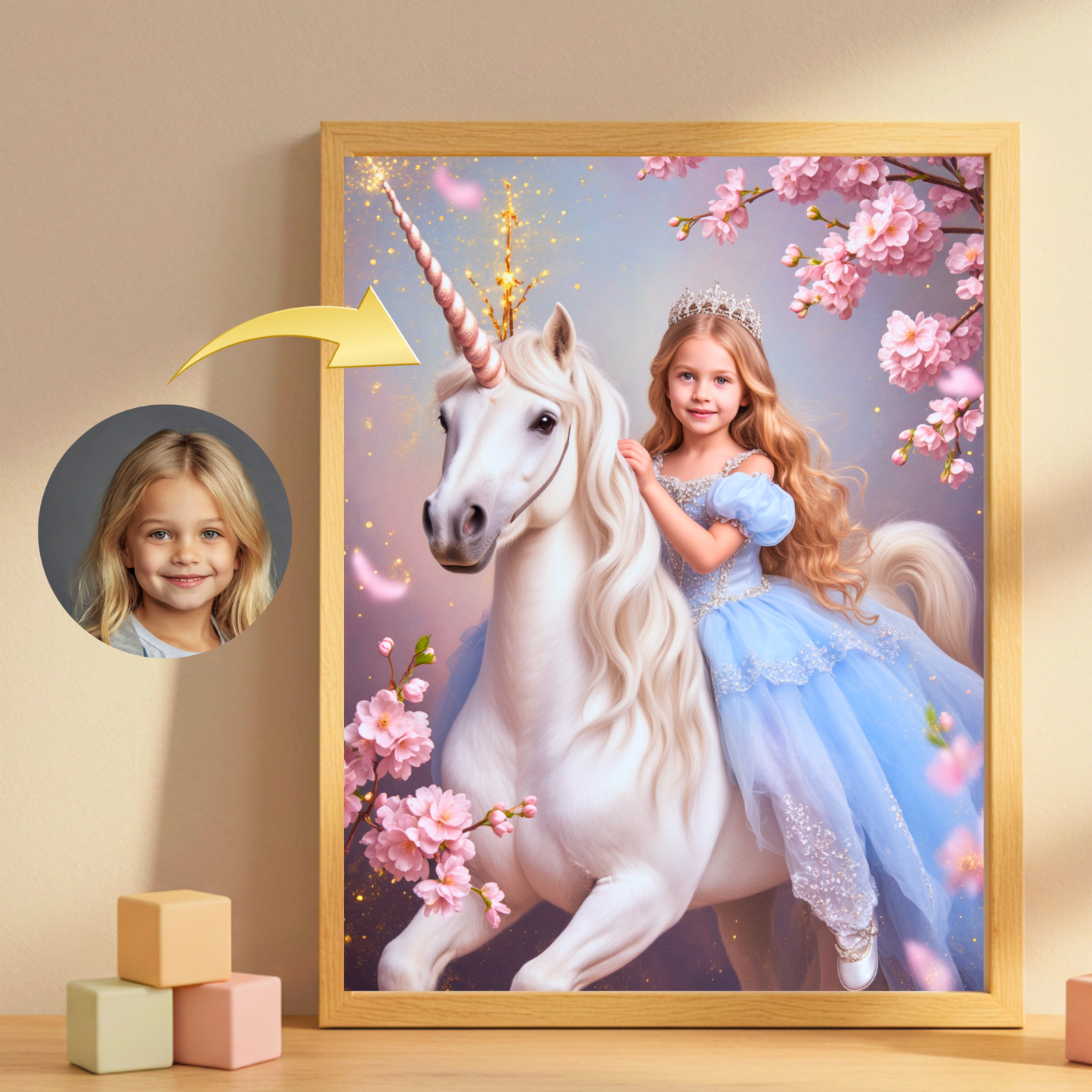 Personalisierte Einhorn Prinzessin – Magisches Kinderportrait in Blau | Poster, Leinwand oder Digital