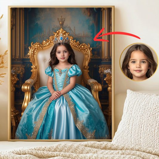 Personalisierbares Prinzessinnen-Porträt in Königskleid – Individuelles Kinderbild als Poster, Leinwand oder digitale Datei