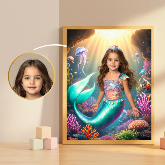 Personalisierbares Meerjungfrauen-Porträt – Magisches Kinderbild unter Wasser – Poster, Leinwand oder digitale Datei
