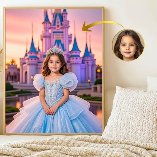 Personalized Princess Portrait – Magical Children's Picture with Castle &amp; Dress – Canvas, Poster or Digital File