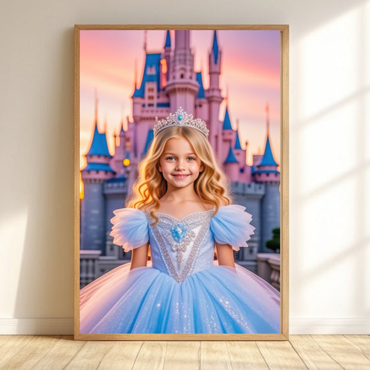 Personalized Princess Portrait – Magical Children's Picture with Castle &amp; Dress – Canvas, Poster or Digital File