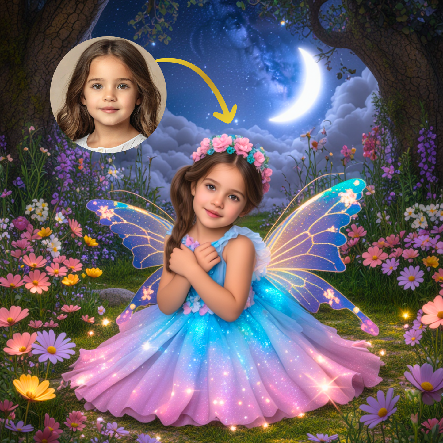 Magisches Feen-Portrait – Personalisiertes Kinderbild unter Mondlicht | Poster & Leinwand