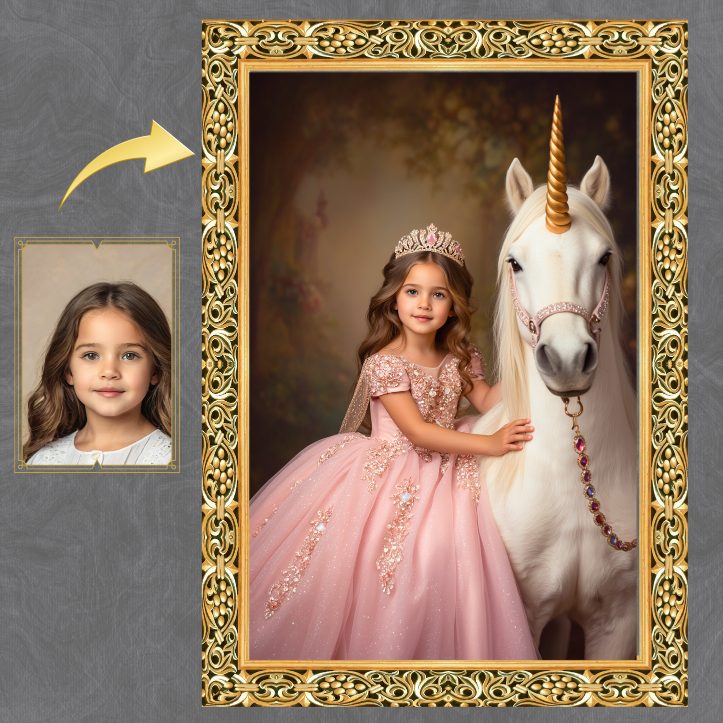 Edles Einhorn Prinzessin Portrait – Personalisierte Kinderkunst in Gold & Rosa