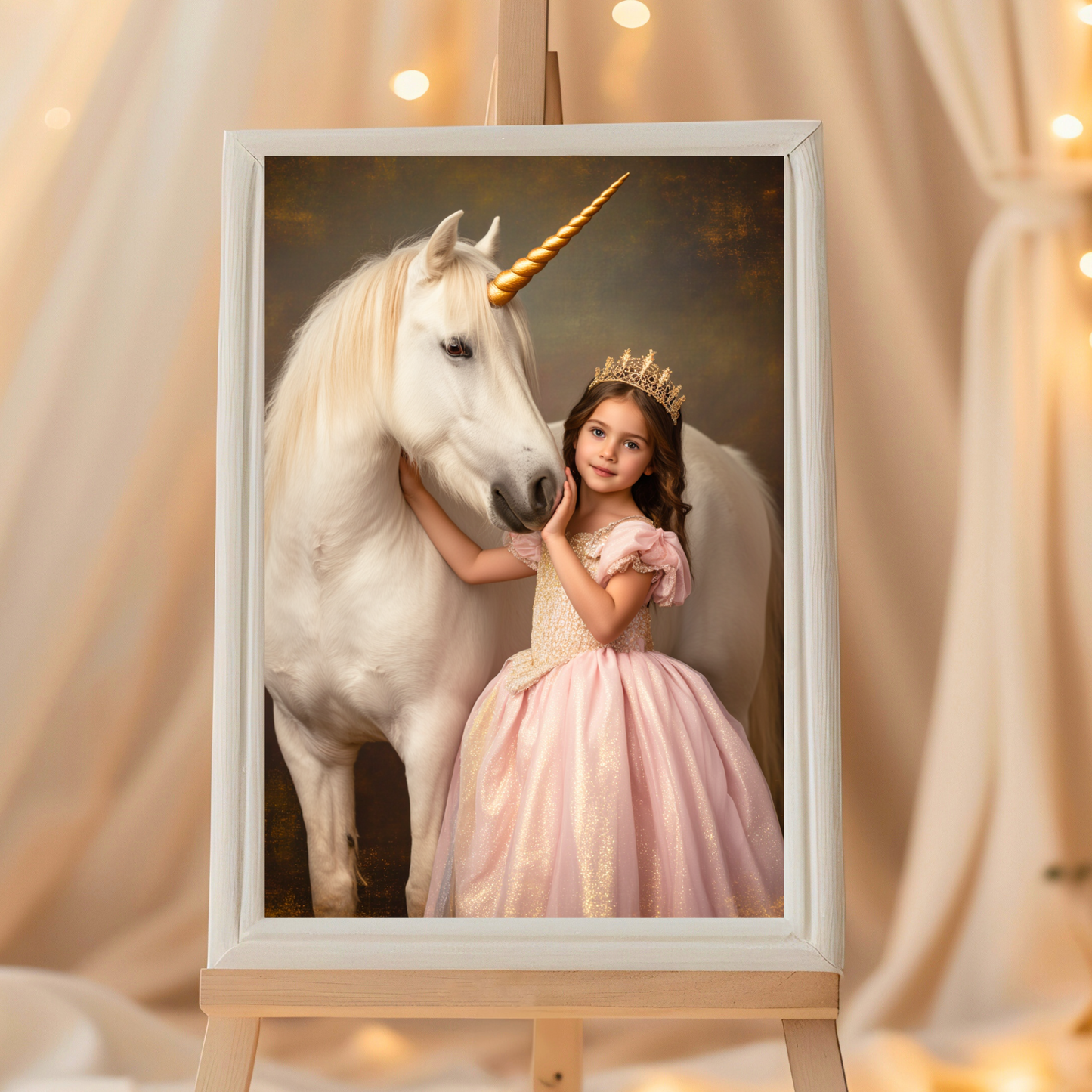 Edles Einhorn Prinzessin Portrait – Personalisierte Kinderkunst in Gold & Rosa
