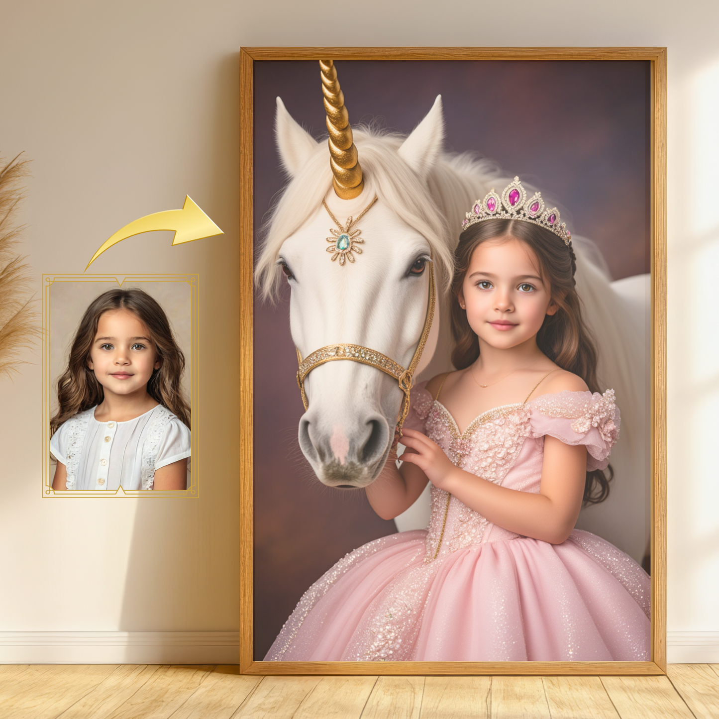 Edles Einhorn Prinzessin Portrait – Personalisierte Kinderkunst in Gold & Rosa