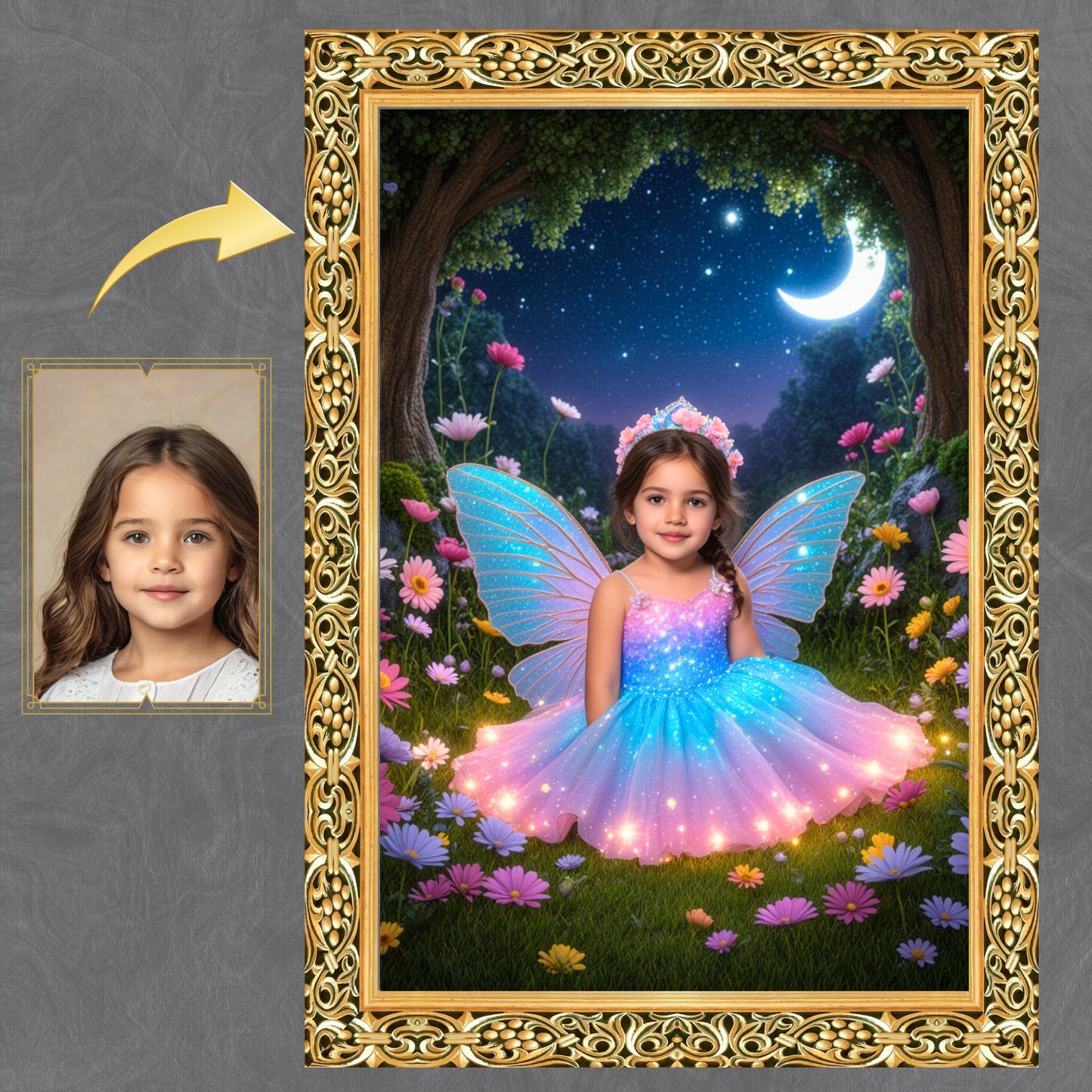 Magisches Feen-Portrait – Personalisiertes Kinderbild unter Mondlicht | Poster & Leinwand