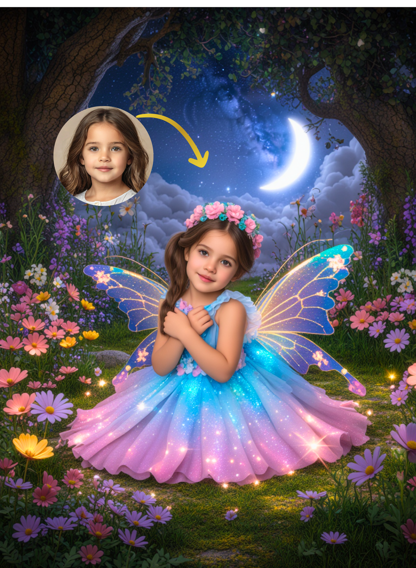 Magisches Feen-Portrait – Personalisiertes Kinderbild unter Mondlicht | Poster & Leinwand