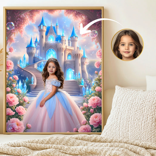 Personalisiertes Prinzessinnen-Porträt – Magisches Schlossbild für Kinder