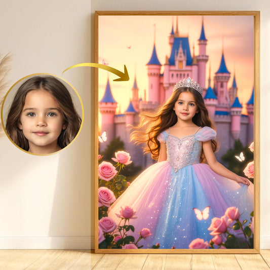 Personalisierbares Prinzessinnen-Porträt – Magisches Kinderbild mit Schloss & Kleid – Leinwand, Poster oder digitale Datei