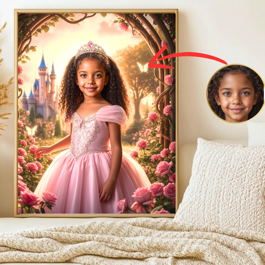Personalisierte Prinzessinnen-Porträts – Zauberhaftes Kinderbild mit Rosenbogen