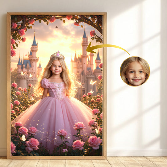 Personalisierbares Prinzessinnen-Porträt in Rosa – Individuelles Kinderbild im Märchenwald